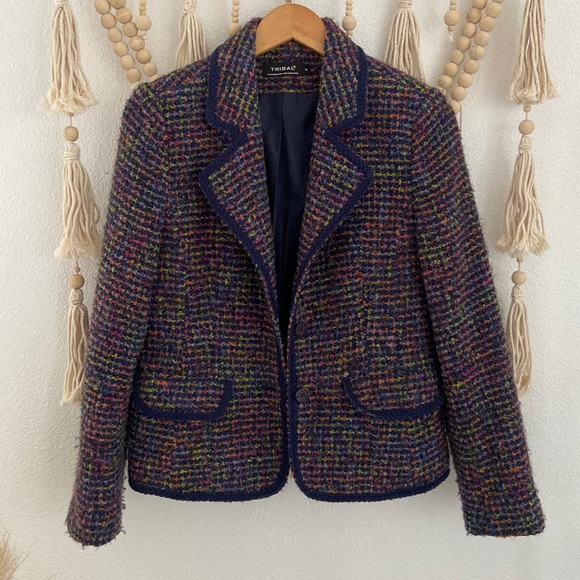 Tribal boucle tweed jacket wool woven blazer navy blue pink Chanel vibes 10 - Picture 11 of 14